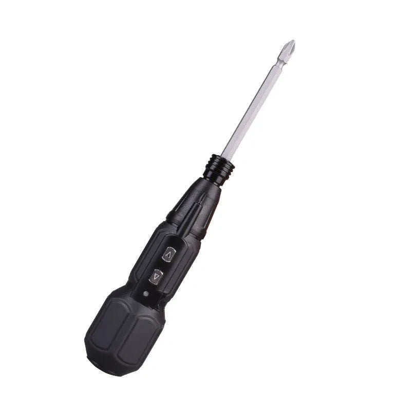 Black and blue alloy steel electric screwdriver with straight handle and rechargeable battery