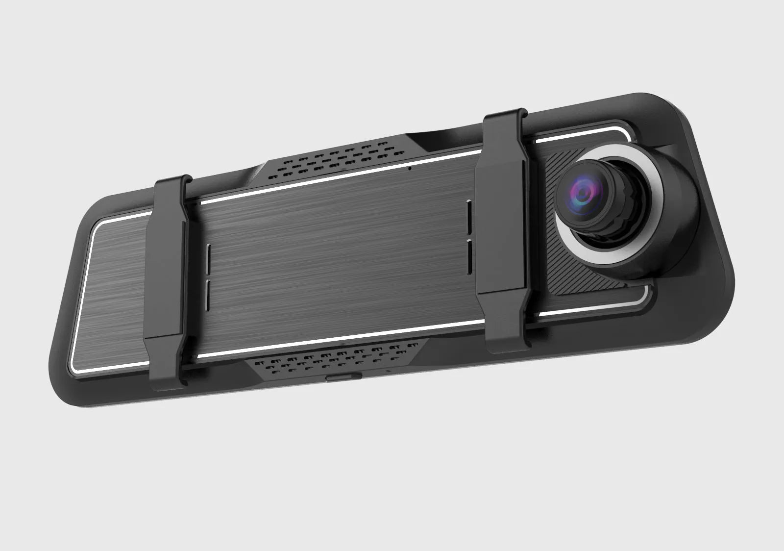 Black dual-lens driving recorder with a large touch screen mounted on a car windscreen.