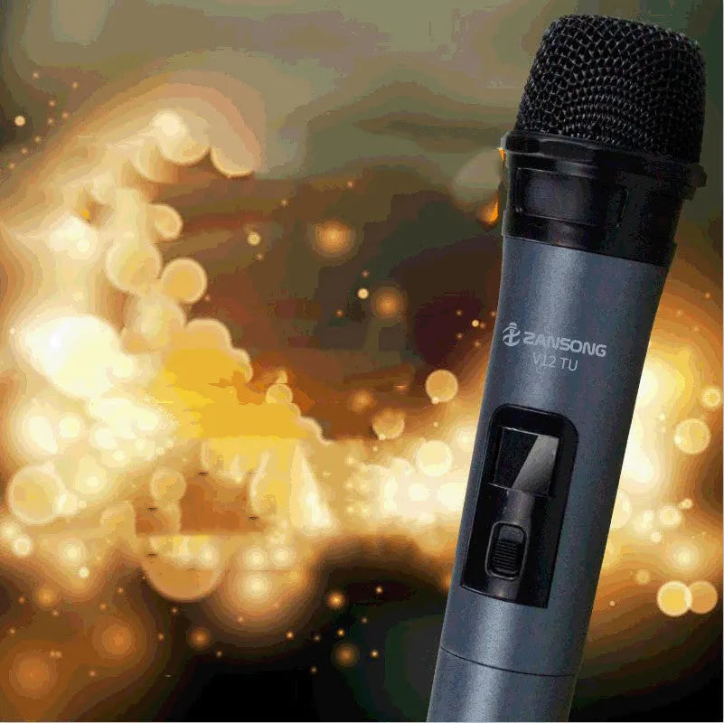 Black V12 dynamic wireless handheld microphone with USB receiver, audio cable and adapter