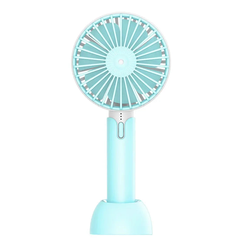 Blue handheld mini desktop USB electric fan with three speed settings and quiet operation