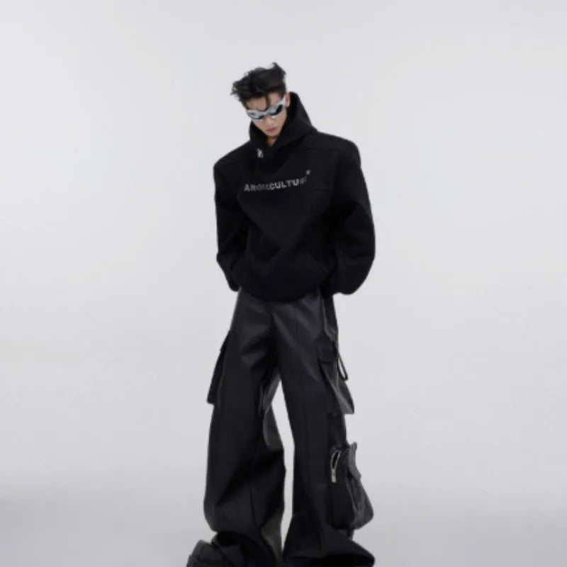Men's loose hooded sweater with heavy shoulder pads and metallic three-dimensional printing in red colour