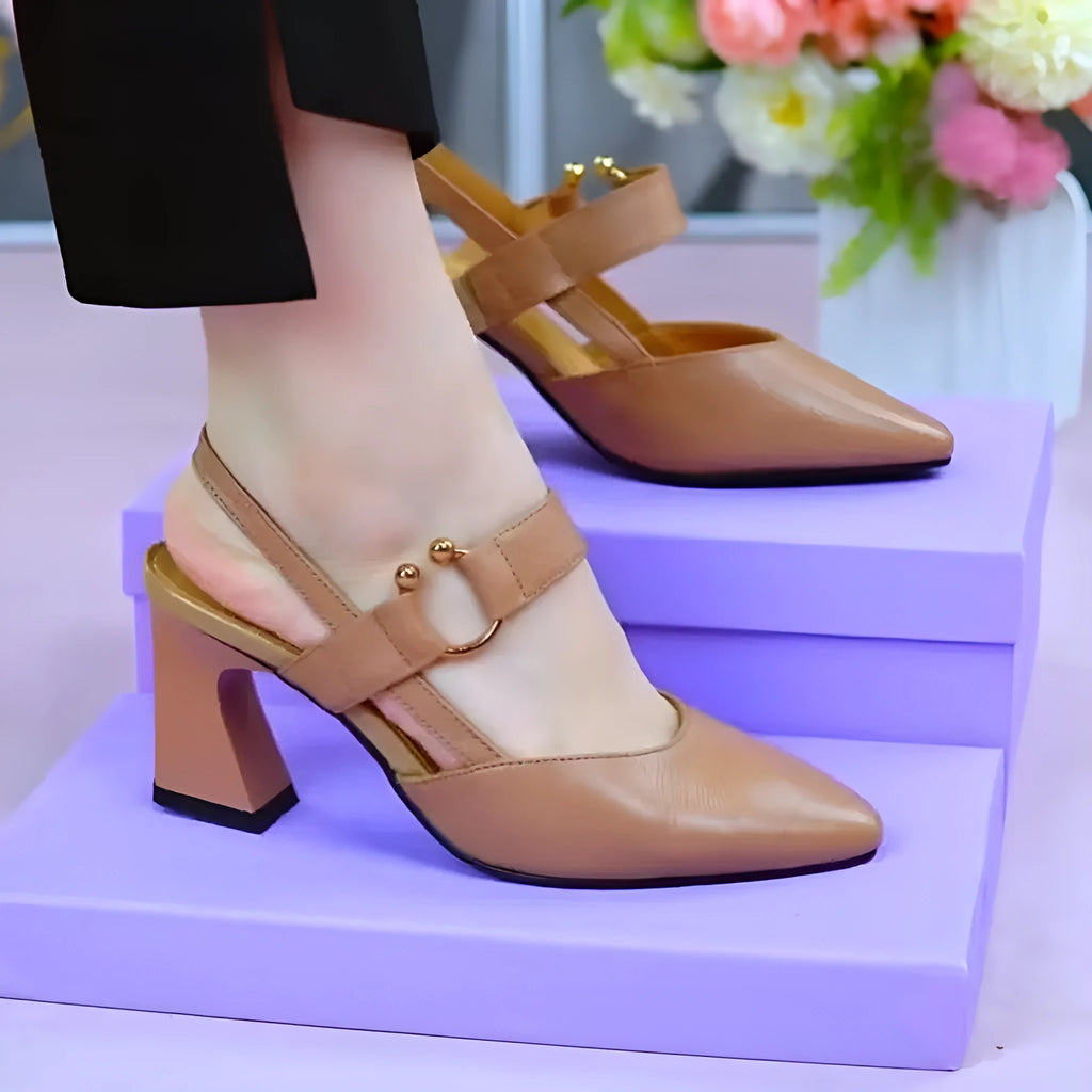 Women's apricot pigskin leather closed-toe sandals with a chunky heel and back strap on a white background.