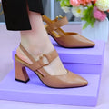 Women's apricot pigskin leather closed-toe sandals with a chunky heel and back strap on a white background.