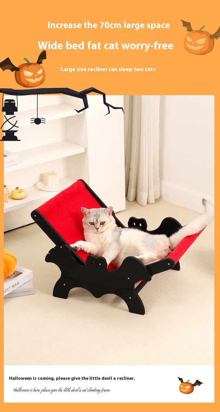 Black and red Halloween bat design wooden cat recliner bed, model MW-054, on a white background.