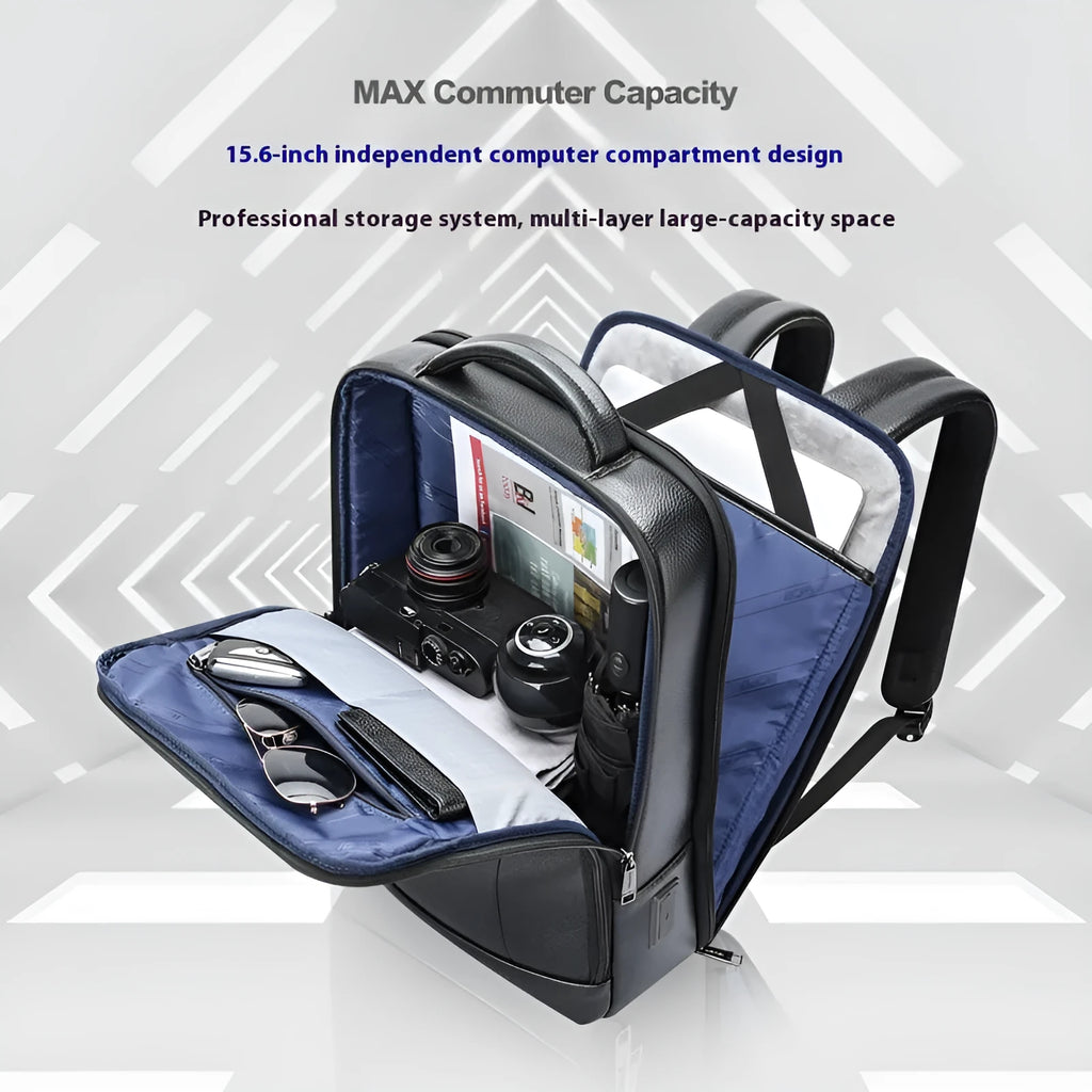Black genuine leather men's business backpack with USB port and curved shoulder straps