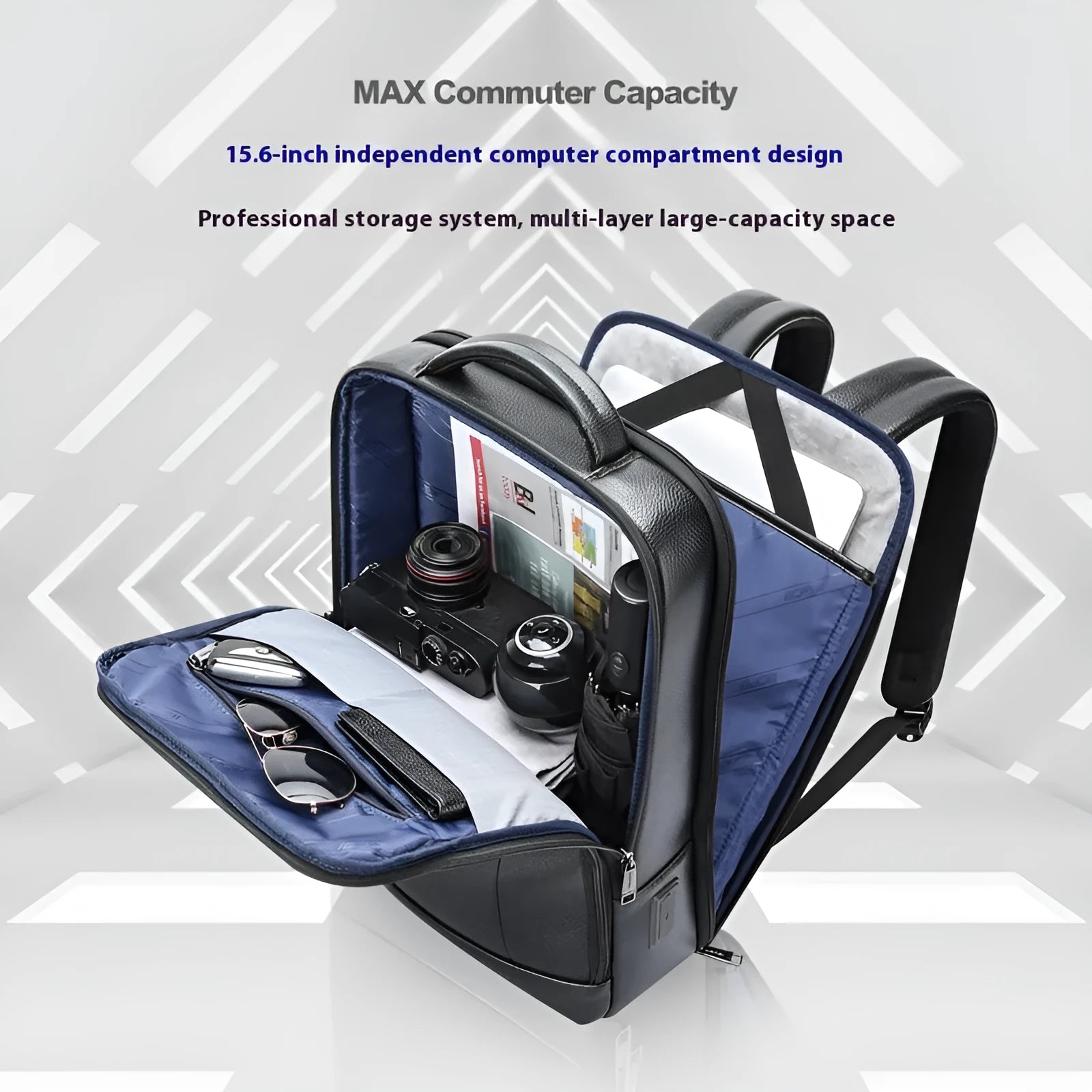 Black genuine leather men's business backpack with USB port and curved shoulder straps
