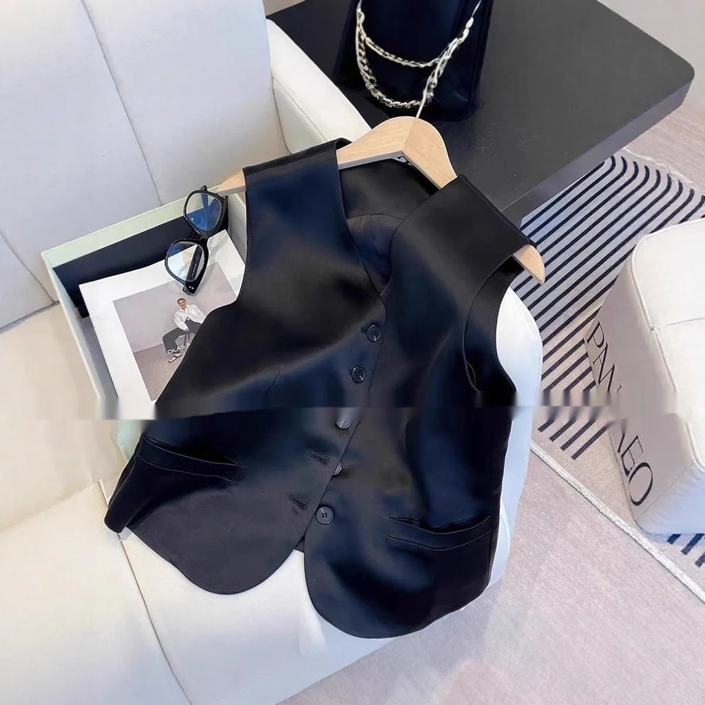 Black sleeveless satin vest for women on a hanger, showing loose fit and splicing detail.