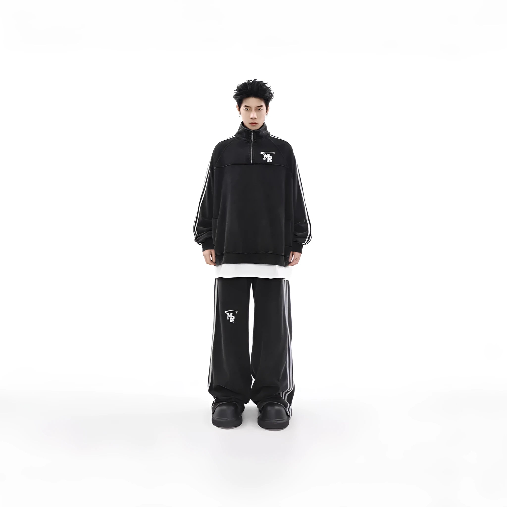 Black Hong Kong style retro sports hoodie with stand collar and long sleeves.