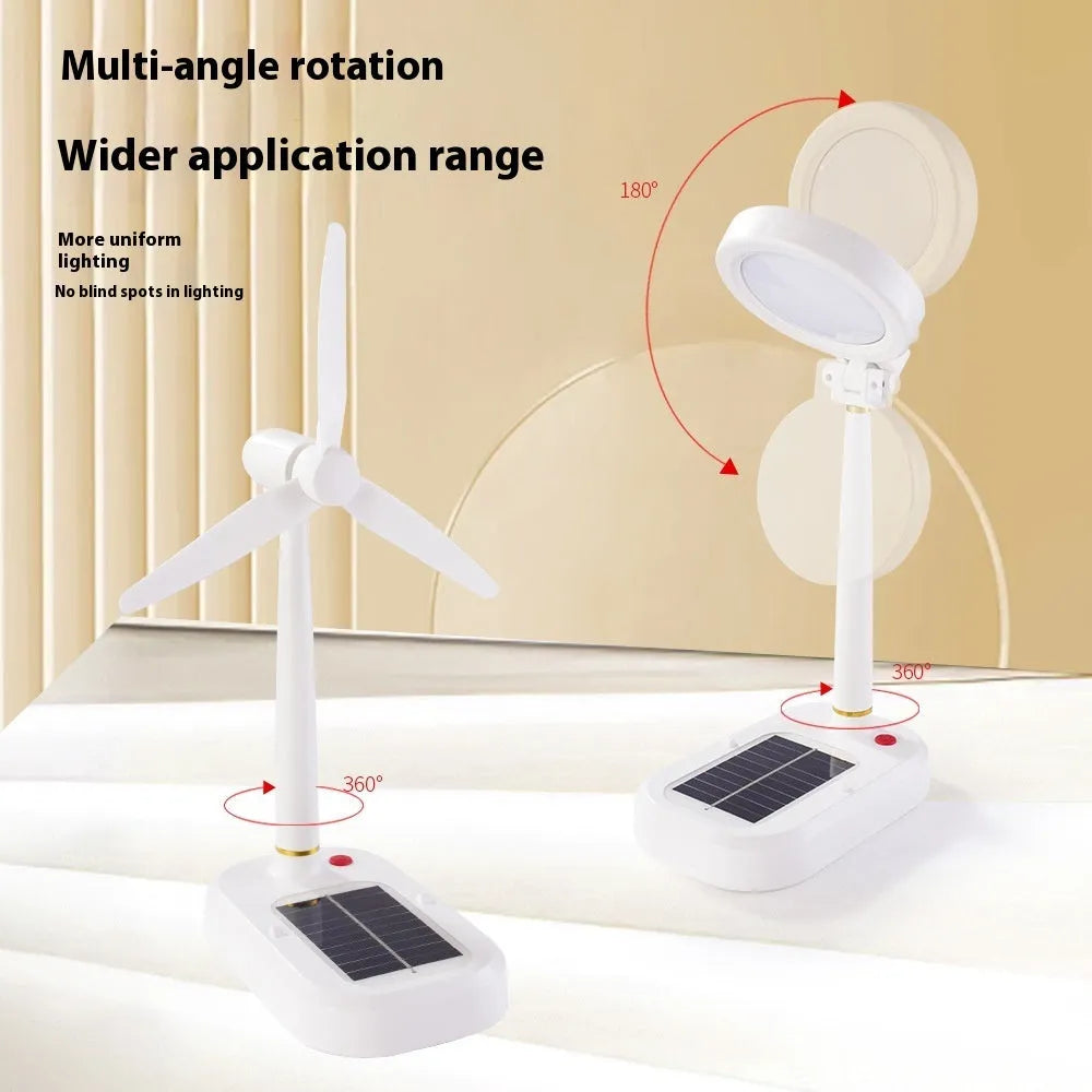 Ivory white solar-powered table fan with integrated LED study lamp on desk