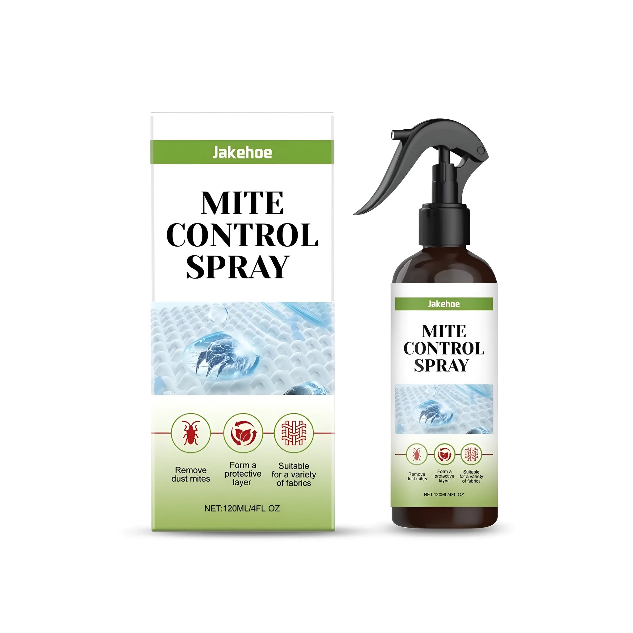 A 120ml bottle of mite control spray with a spray trigger, labelled with its ingredient list.
