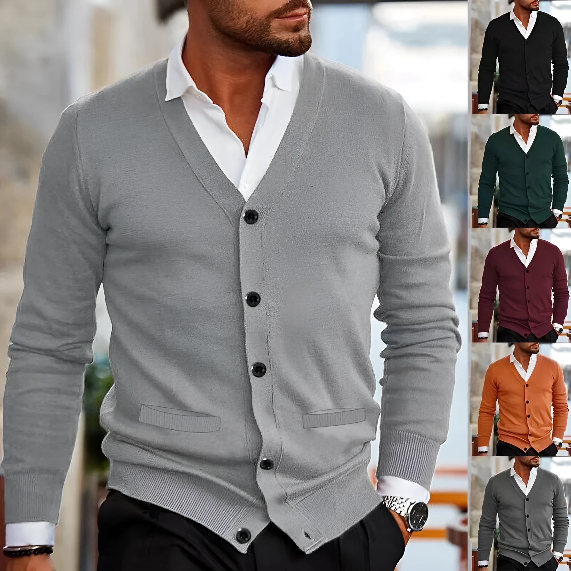 Men's slim fit acrylic cardigan sweater in beige colour on a hanger