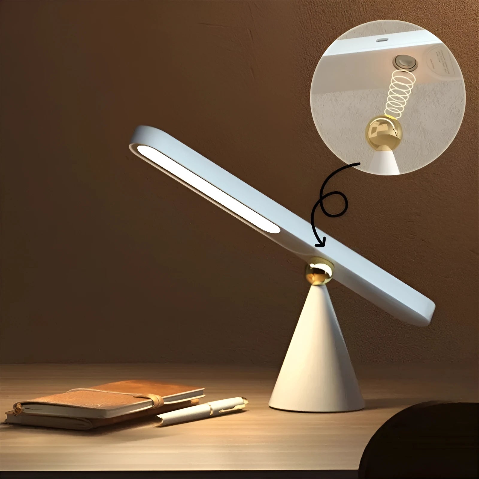 Geometric desk lamp with magnetic base shown in khaki colour with touch control