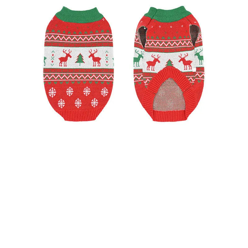 Red wool pet sweater with Snow Elk Christmas design on a white background