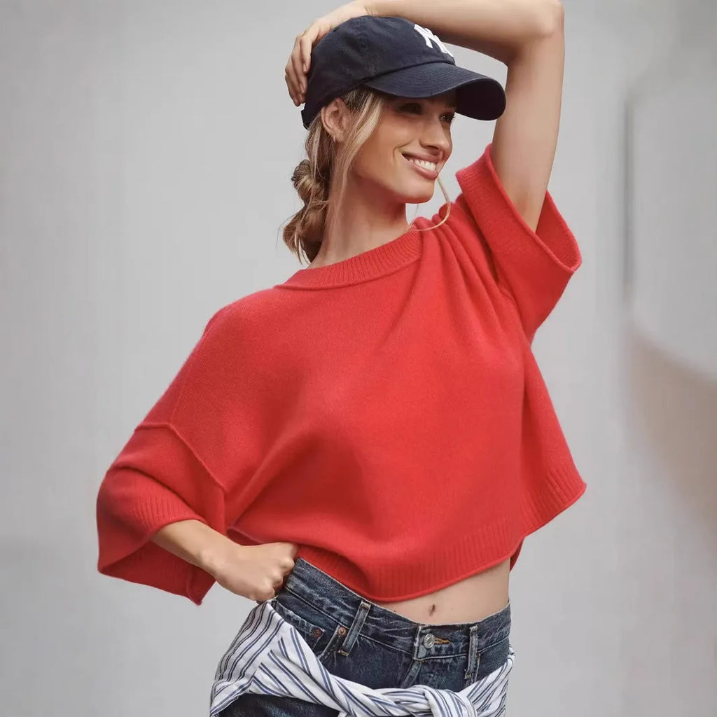 Red hot girl style viscose T-shirt with cropped length and exposed navel design on mannequin