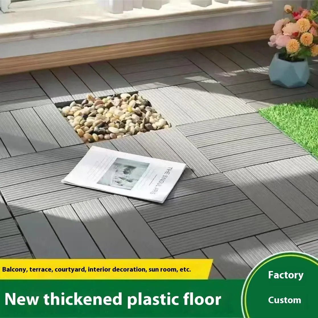 Plastic interlocking floor tiles in wood grain finish showing non-slip surface and edge connection.