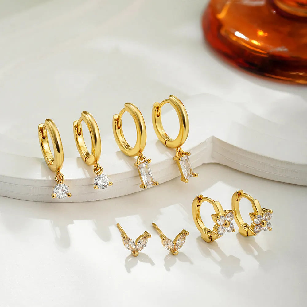 Copper plating geometric square earrings set for women in gold or silver finish with zircon detailing