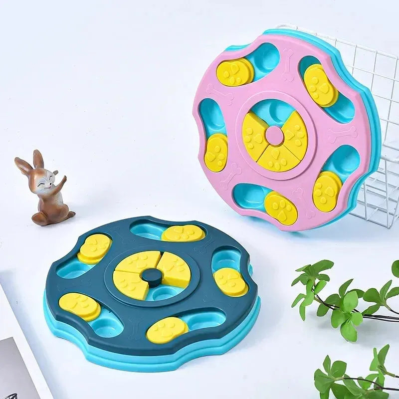 Blue and pink dog puzzle feeder bowl toy for interactive food searching and slow eating