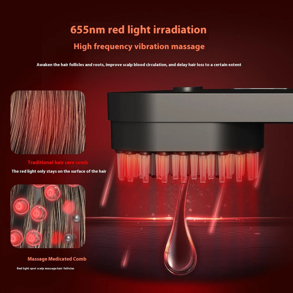 Pink and black smart massage comb with red light therapy for scalp care.