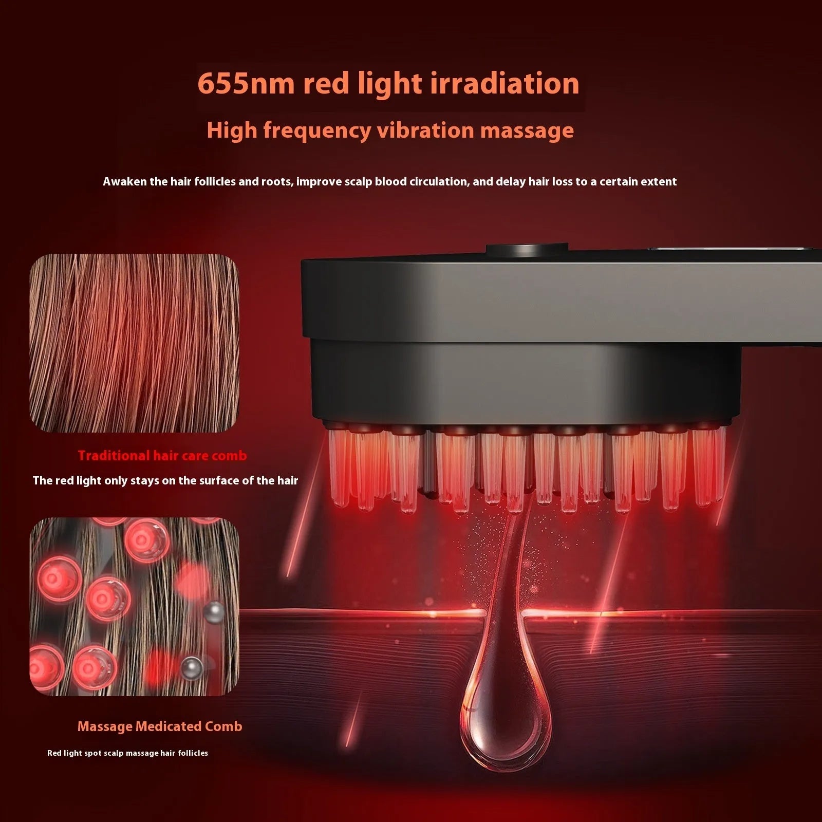 Pink and black smart massage comb with red light therapy for scalp care.