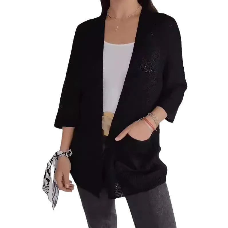 Women's waffle texture cardigan coat with nine-quarter length sleeves in army green colour