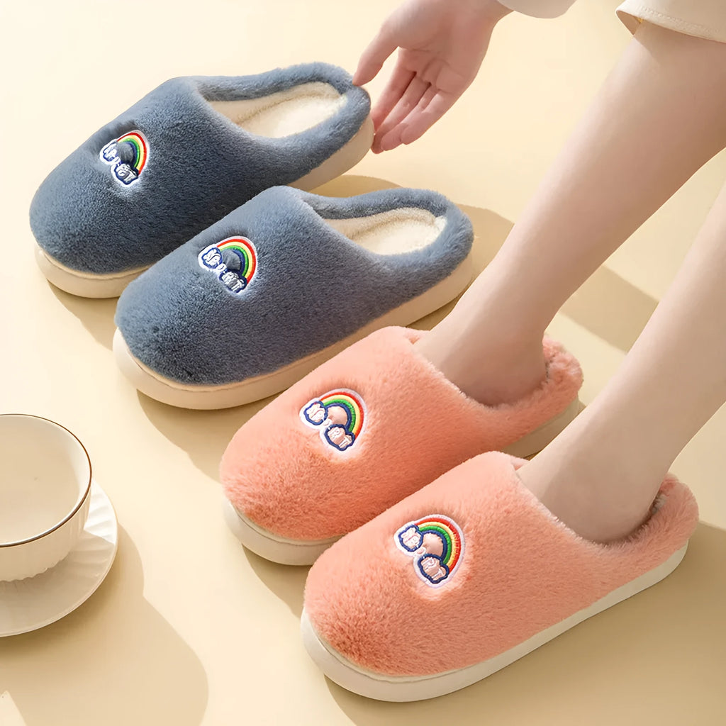 Kawaii rainbow embroidered plush slippers with rubber sole, wrapped toe, round heel, available in multiple colours