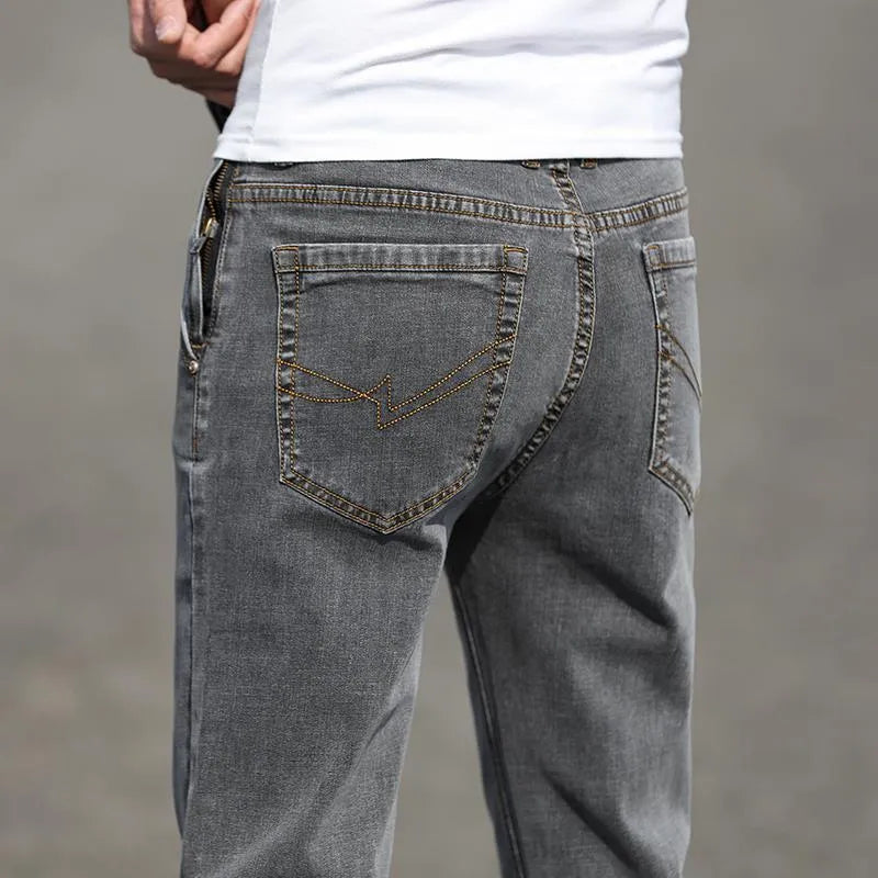 Men's smoky gray straight leg jeans with low waist and high elasticity rabbit fur blend fabric