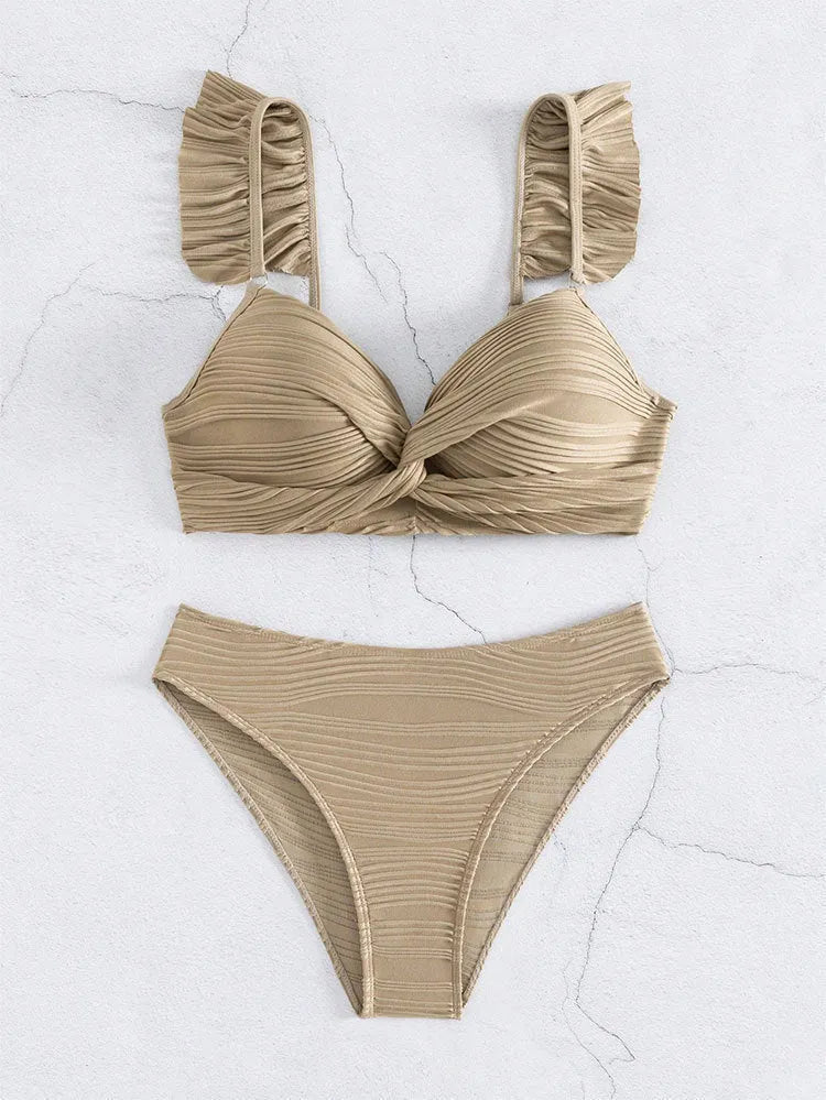 Solid colour women's polyester bikini swimsuit in black or khaki, sizes S M L XL.