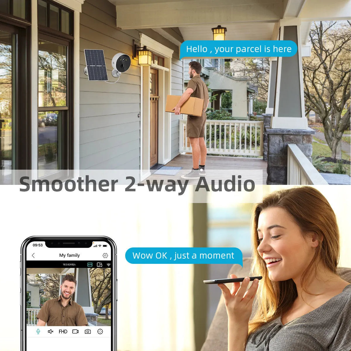 Solar-powered outdoor security camera with solar panel and 1080P resolution