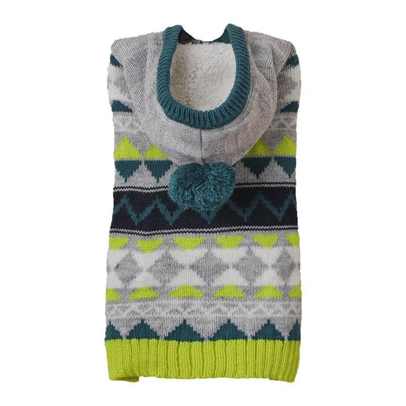 Green diamond pattern knitted sweater for a small dog, shown on a mannequin.