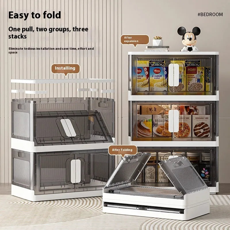 Foldable white storage locker with wheels showing multiple tiers for household organisation