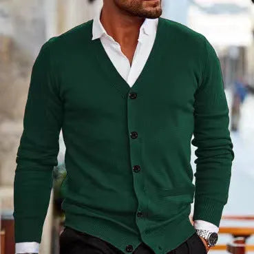 Men's slim fit acrylic cardigan sweater in beige colour on a hanger