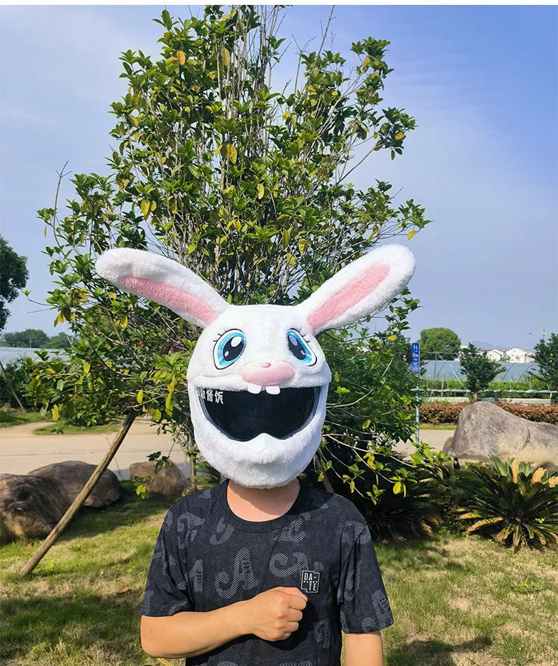 White rabbit head decorative cover for electric motorcycle helmet with plush fabric and long ear design