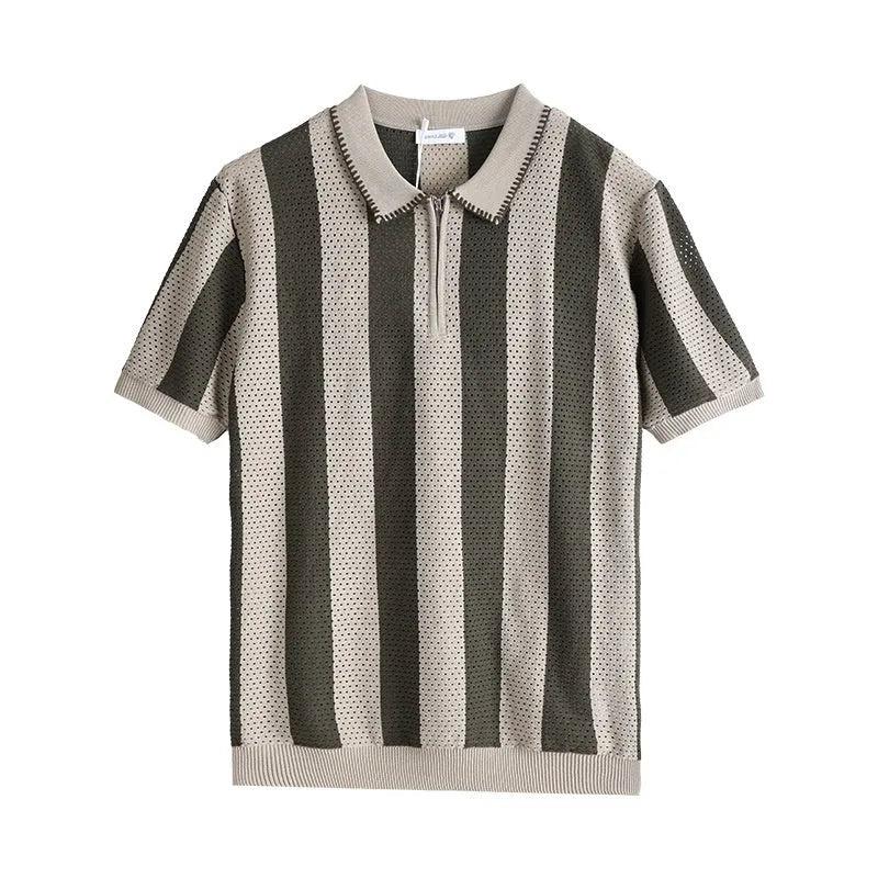 Men's striped short sleeve sweater with chest zipper details in ice silk viscose fabric