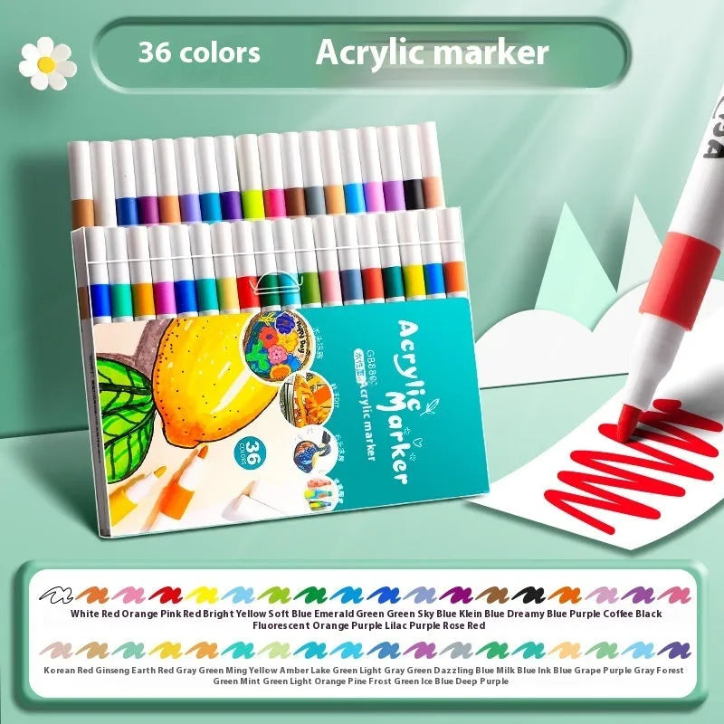 Acrylic marker pen set showing multicoloured plastic markers arranged by colour