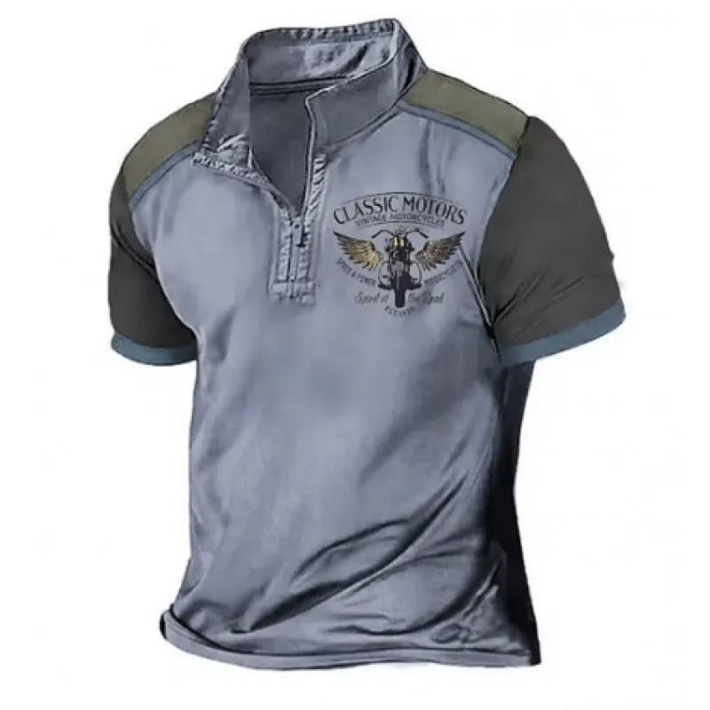 Loose-fit solid colour golf polo shirt made from bird eye cloth, shown in a casual setting.