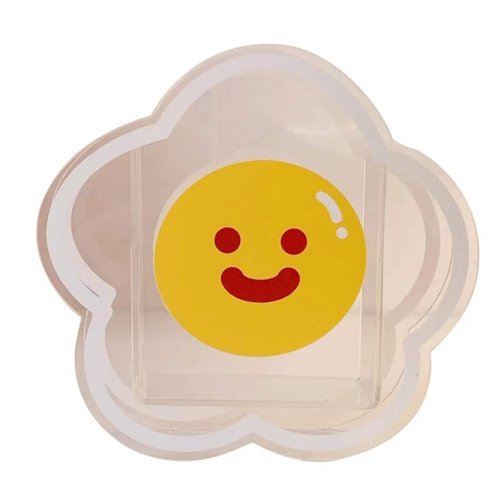Square clear acrylic storage box with cute character print, showing six design options for desk organisation