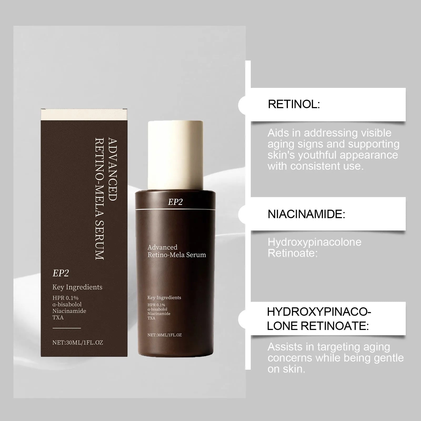 Anti-aging moisturizing liquid with retinol and nicotinamide in a 30ml bottle