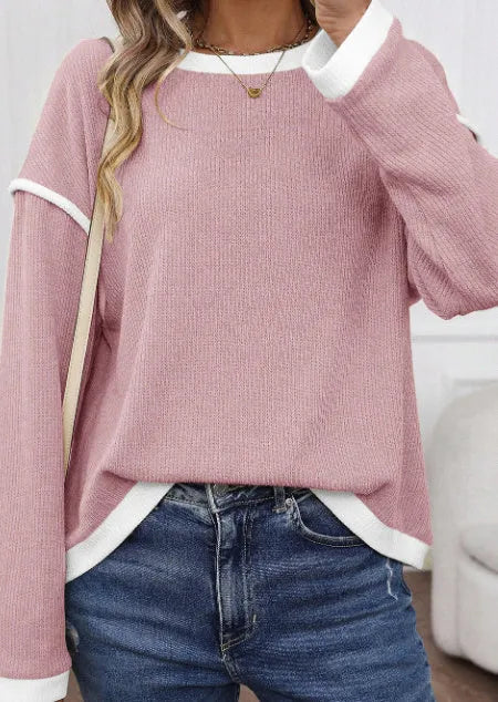 Women's Four Leaf Clover colour drop shoulder loose knit top with contrast trim
