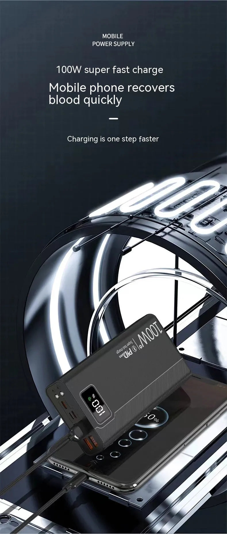 Black and white large capacity fast charging power bank with dimensions 150x76mm