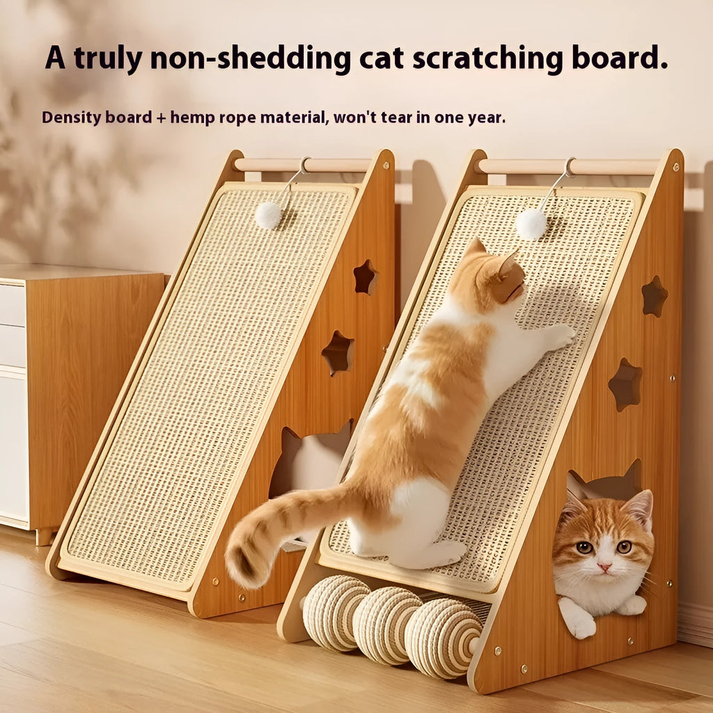 Vertical cat scratch board with wall-sticking design, wear-resistant surface, and cat teasing ball with hemp rope