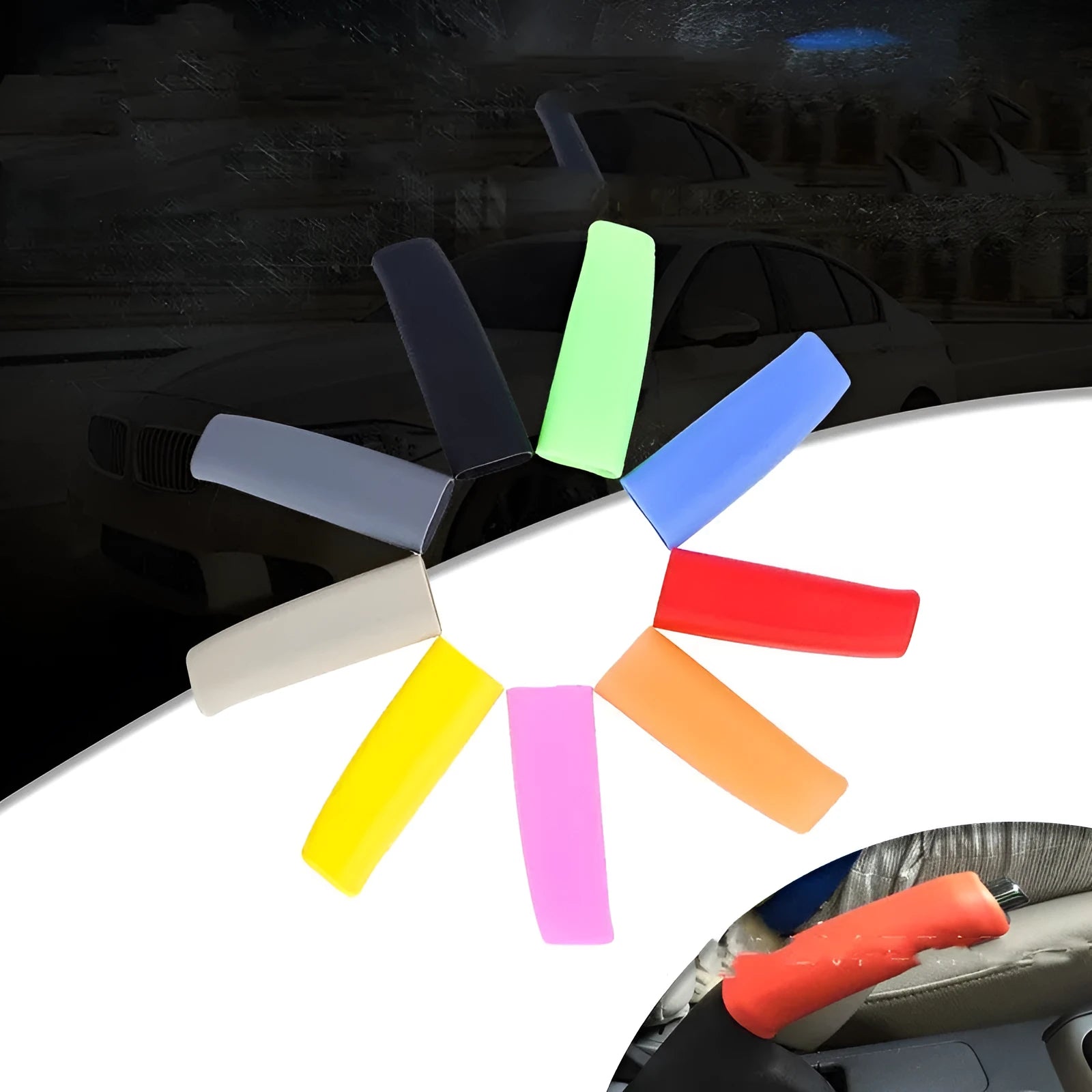 Universal silicone car handbrake sleeve in black, shown next to grey, beige, red, and blue colour options.