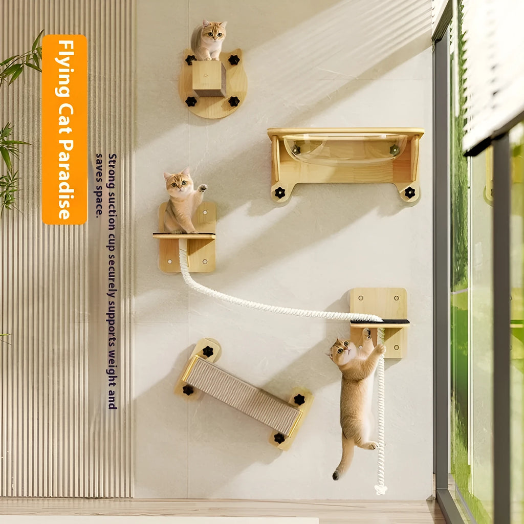 Suspended sisal cat scratching climbing frame with a space capsule design in one of five style options.