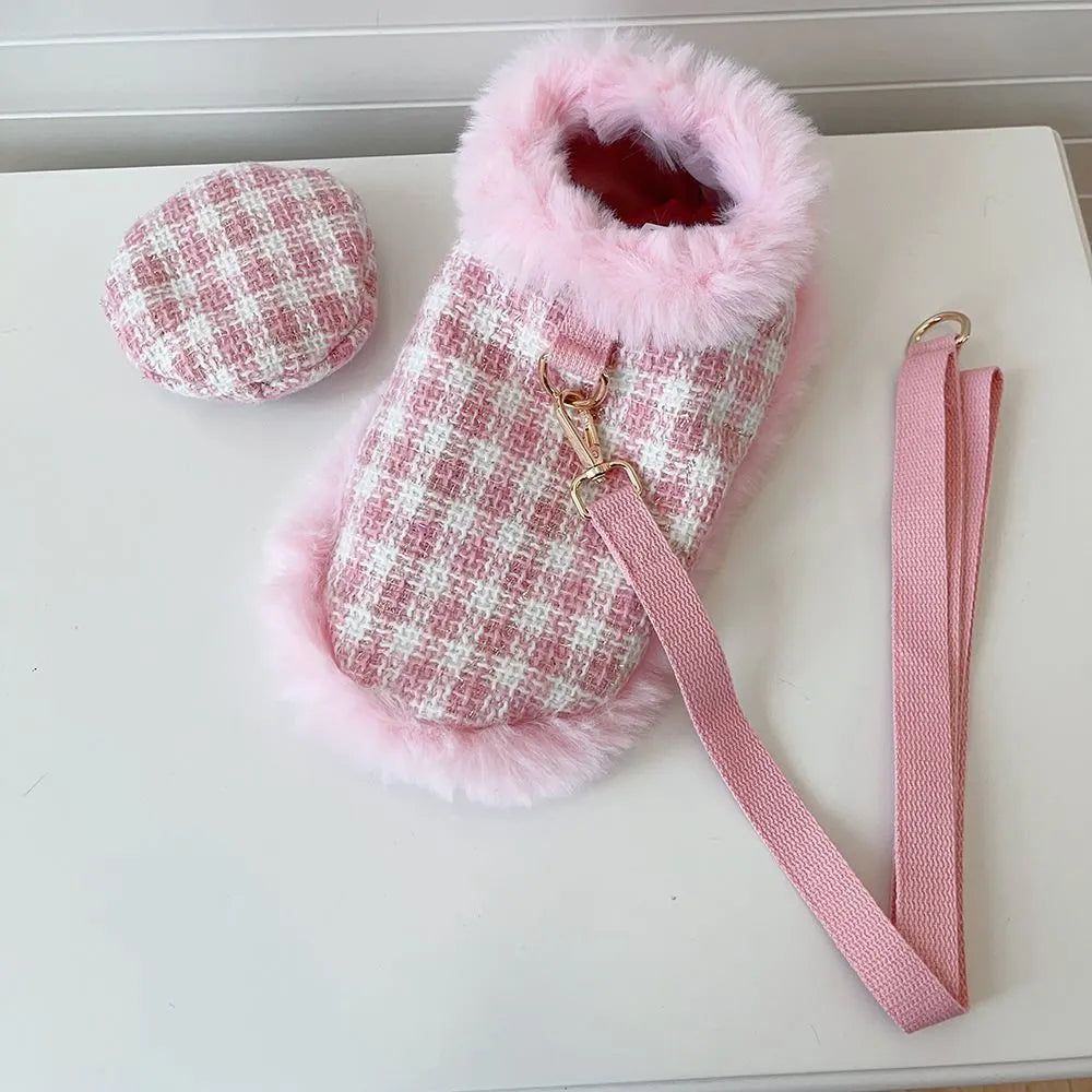 Pink polyester cat clothing set with beret and cape, showing chest and back traction design