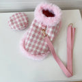 Pink polyester cat clothing set with beret and cape, showing chest and back traction design