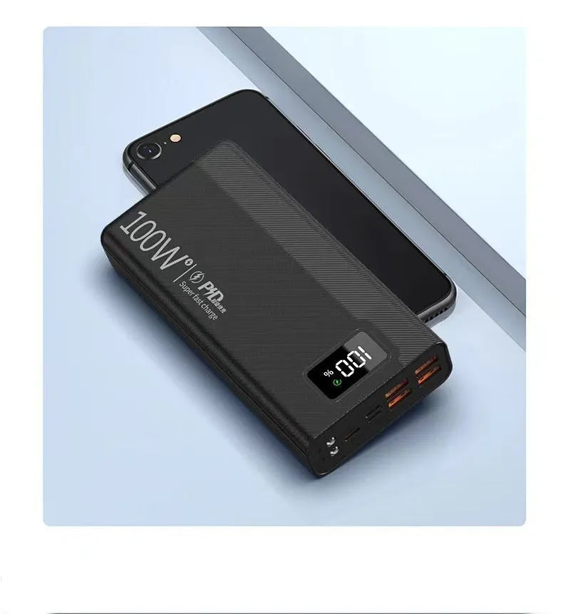 Black and white large capacity fast charging power bank with dimensions 150x76mm