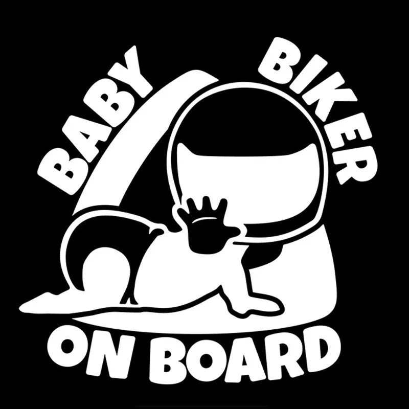 Black and white reflective BABY ON BOARD car sticker measuring 14.5 by 15 centimetres.