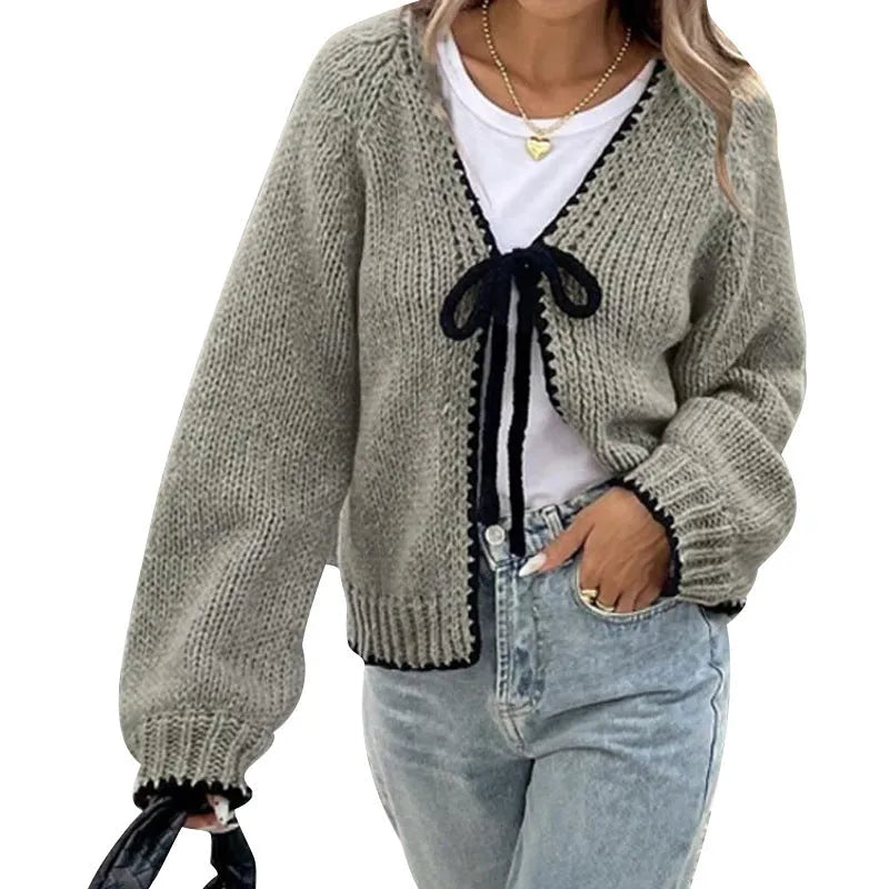 Solid colour lace-up cardigan with crocheted flowers on a polyester loose-fit body for women