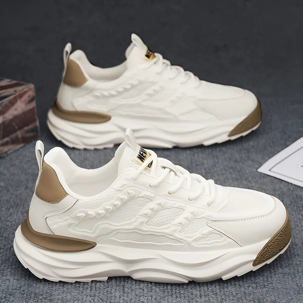 Men's white and black breathable mesh trainers with round toe design shown in sizes 39-44
