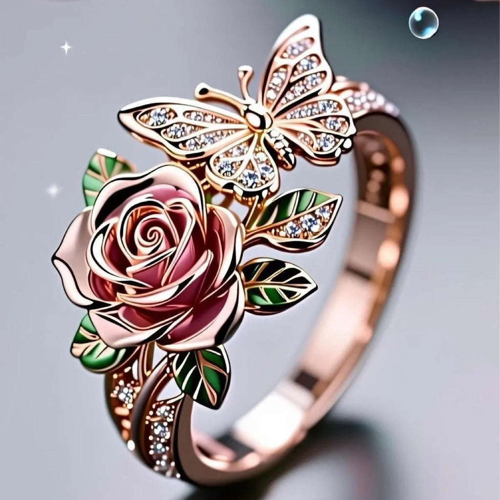 Adjustable fairy style ring with colourful oil-drip butterfly pendant and floral elements