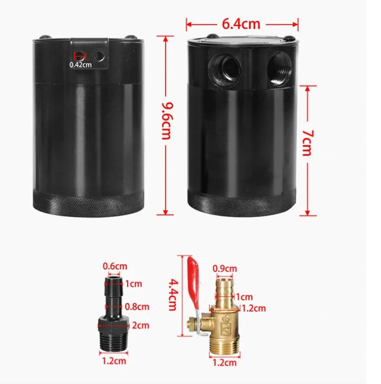 Black and silver aluminium automotive oil pot with two-hole breathable design